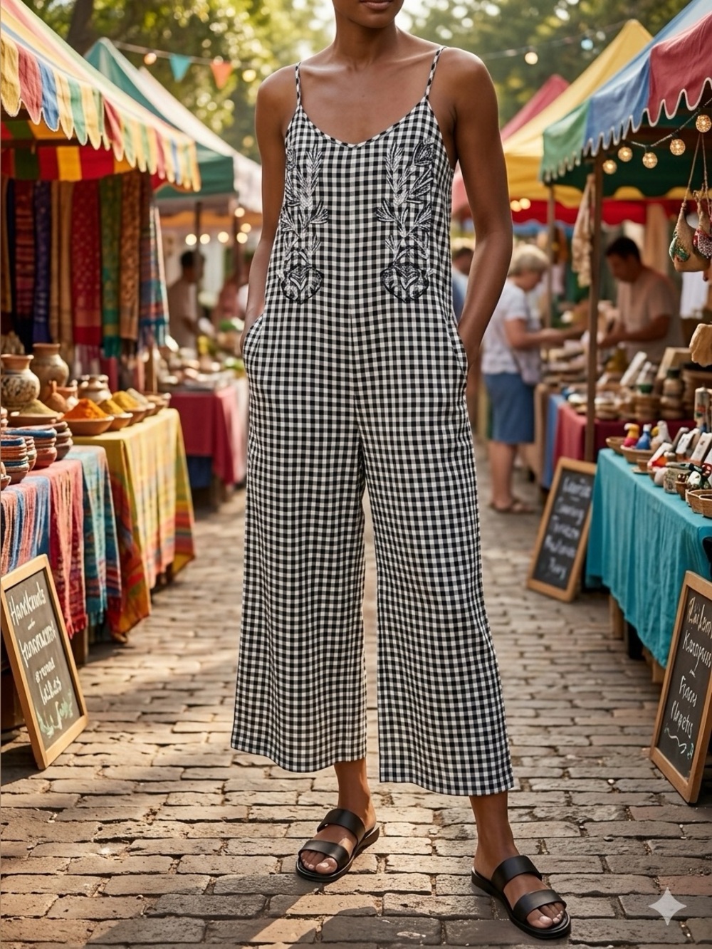 Cost Plus World MarketCaila Black & White Gingham Embroidered Wide Leg Jumpsuit